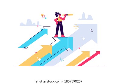 Opportunity as vision for chances and seize the target tiny persons concept. Looking for future plans for success using motivational inspiration as symbolic reach upwards scene vector illustration.