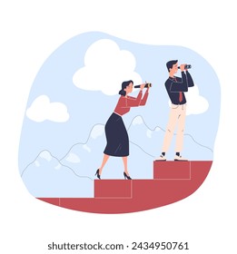 Opportunity vision concept. Man and woman with binoculars at staircase. Leadership and motivation. Planning and vision of future. Doodle flat vector illustration isolated on white background