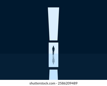 Opportunity, Warning, Challenge, Businessman walking through a lit exclamation mark door