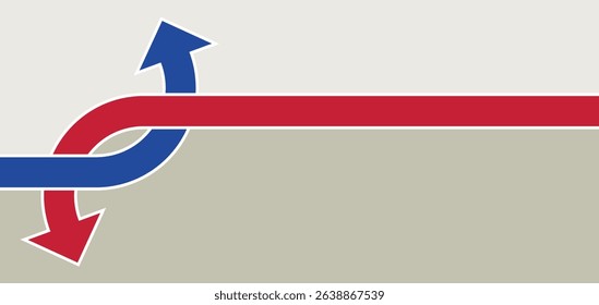Opposing arrows design. the path forward and backward in red and blue, representing progress and regression.