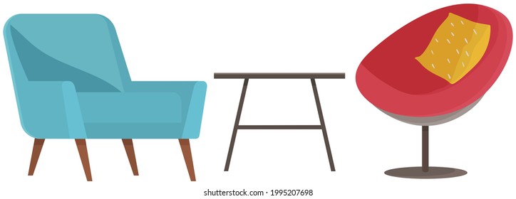 Opposing chairs in room for communication with journalist. Arrangement of furniture, comfortable chairs and table in interview room. Furniture and interior elements isolated on white background