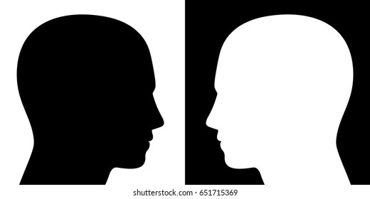 Opposing view - two heads facing each other, one is black on white, the other converse, as a symbol for adverse opinions, contrary ideas, opposite behavior or different beliefs or lifestyle.