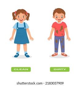 Opposite adjective antonym clean and dirty words illustration of kids clothes explanation flashcard with text label