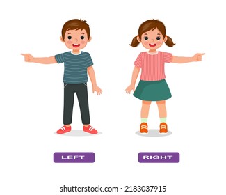 Opposite adjective antonym left and right words illustration of kids pointing  fingers explanation flashcard with text label