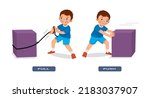 Opposite adjective antonym pull and push words illustration of boy with box  explanation flashcard with text label