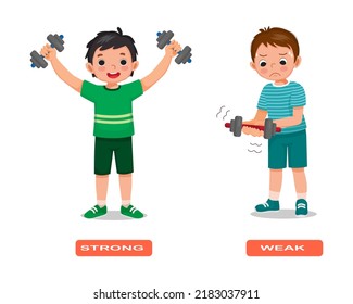 Opposite adjective antonym strong and weak words illustration of kids holding dumbbells explanation flashcard with text label