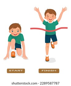 Opposite adjective antonym word start and finish illustration of little boy ready to run and finishing the race