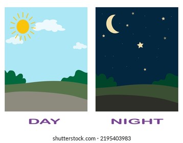 Palabras antónimo adjetivo opuestas de explicación de ilustración de día y noche flashcard con etiqueta de texto