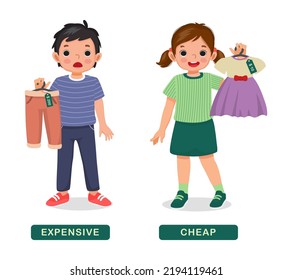 Opposite adjective antonym words expensive and cheap illustration of little boy and girl holding clothes