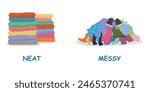 
Opposite adjective antonym words neat and messy illustration of pile of clothes explanation flashcard with text label
