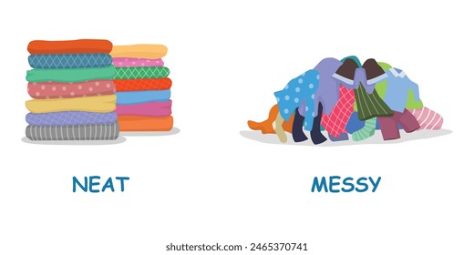 
Opposite adjective antonym words neat and messy illustration of pile of clothes explanation flashcard with text label