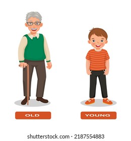 Opposite adjective antonym words old and young illustration of grandpa with little boy explanation flashcard with text label