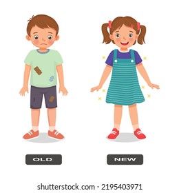 Opposite adjective antonym words old and new illustration of little kids wear clothes explanation flashcard with text label
