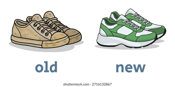 Adjetivo opuesto antónimo palabras antiguas y nuevas ilustración de par de zapatos explicación flashcard con etiqueta de texto