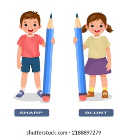 Opposite adjective antonym words sharp and blunt illustration of little kids holding pencils explanation flashcard with text label