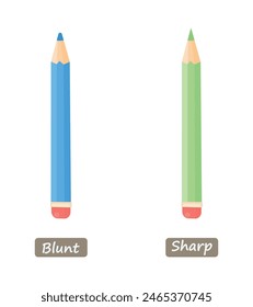 Opposite adjective antonym words sharp and blunt illustration of pencils explanation flashcard with text label