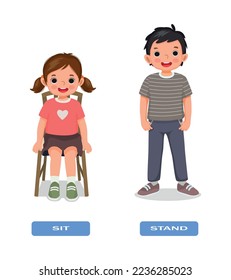 Opposite adjective antonym words sit and stand illustration of little girl sitting on a chair and boy standing explanation flashcard with text label
