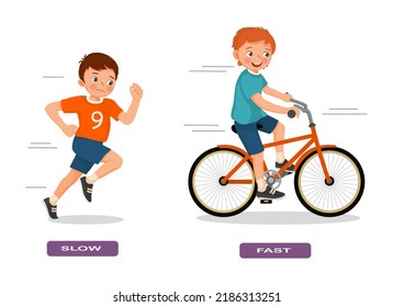 Opposite adjective antonym words slow and fast words illustration of little boy running and riding bicycle explanation flashcard with text label