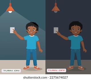 Se encienden las palabras antónimo adjetivo opuestas y se apaga la ilustración del niño pequeño africano encendiendo y apagando la tarjeta de explicación de luz con etiqueta de texto