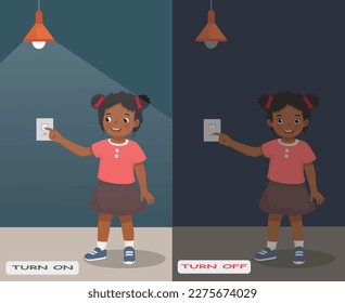 Opposite adjective antonym words turn on and turn off illustration of little African girl switch on and off the light explanation flashcard with text label