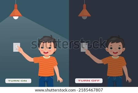 Opposite adjective antonym words turn on and turn off illustration of little boy switch on and off the light explanation flashcard with text label