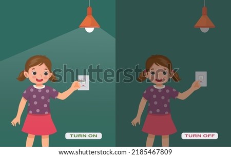 Opposite adjective antonym words turn on and turn off illustration of little girl switch on and off the light explanation flashcard with text label