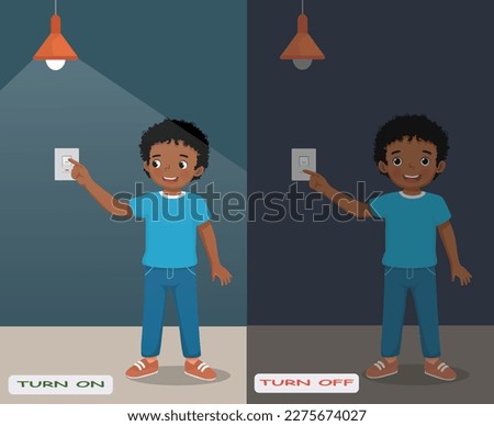 Opposite adjective antonym words turn on and turn off illustration of little African boy switch on and off the light explanation flashcard with text label