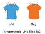 Opposite adjective antonym words wet and dry illustration of t-shirt explanation flashcard with text label