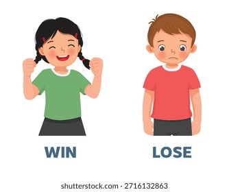 Opposite adjective antonym words win and lose illustration of little girl excited with victory and boy upset