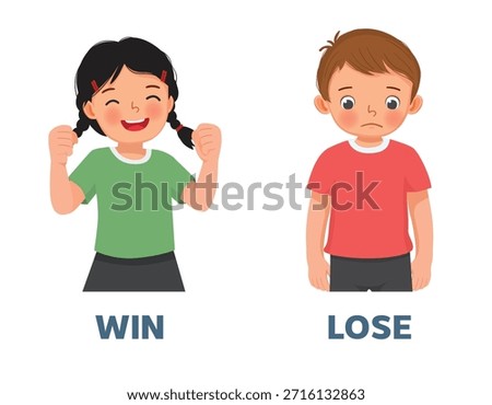 Opposite adjective antonym words win and lose illustration of little girl excited with victory and boy upset