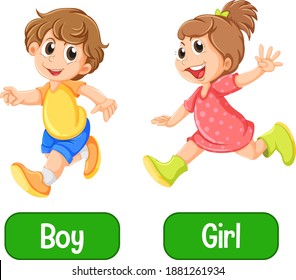 Opposite adjective words with boy and girl on white background illustration