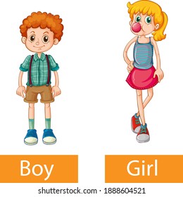 Opposite adjective words with boy and girl on white background illustration