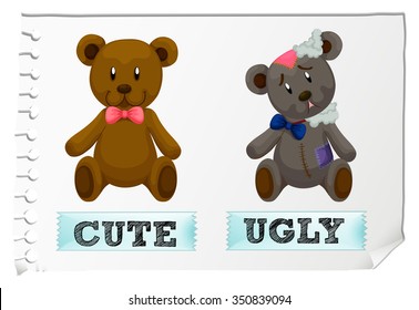 Opposite adjectives with cute and ugly illustration