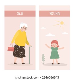 Opposite adjectives explanation card, OLD and YOUNG. Word card for language learning. Old woman and baby. Textcard with cartoon characters. Flashcard with antonyms for children, template. Flat vector
