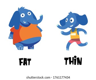 Opposite adjectives fat and thin illustration. Animals vector flash cards of elephants.