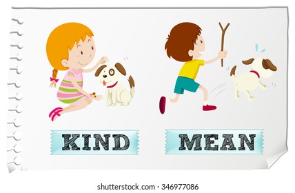 Opposite adjectives kind and mean illustration