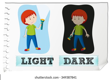 Opposite adjectives with light and dark illustration