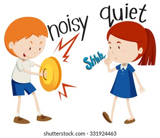 Opposite adjectives noisy and quiet illustration