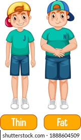 Opposite adjectives with thin boy and fat boy on white background illustration