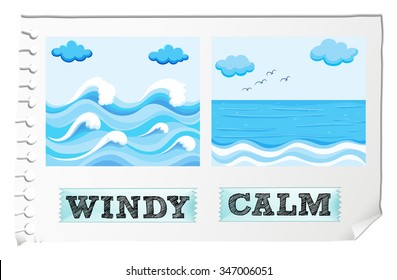 Opposite adjectives windy and calm illustration