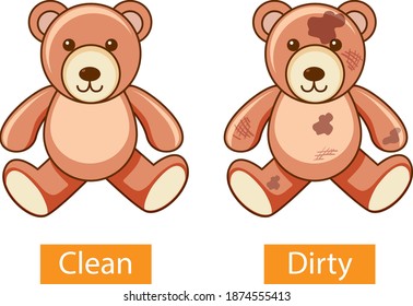 Opposite adjectives words with clean and dirty illustration