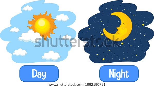 Opposite\
adjectives words with day and night\
illustration