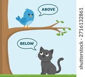 Opposite antonym words above and below illustration of a bird sitting on tree branch and a cat sitting on the ground