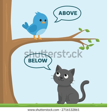 Opposite antonym words above and below illustration of a bird sitting on tree branch and a cat sitting on the ground