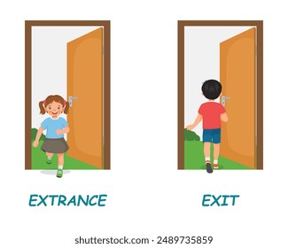 Opposite antonym words entrance and exit illustration of little girl walk in and boy walk out the door