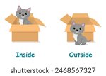 Opposite antonym words inside and outside illustration of cat sitting inside and outside the box