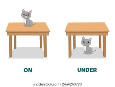 Palabras antónimas opuestas en y bajo la ilustración de gato sentado sobre y debajo de la mesa