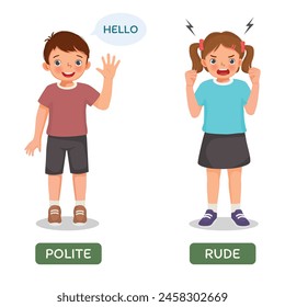 Opposite antonym words polite and rude illustration of little boy waving hand and girl shouting angry