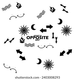 Opposite Day event banner. Bold text surrounded by elements on white background to celebrate on January 25