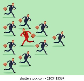 Opposite direction. Businessman running, unique man thinking different, way against crowd, individual solution to problem and vision of situation. Vector isolated business concept